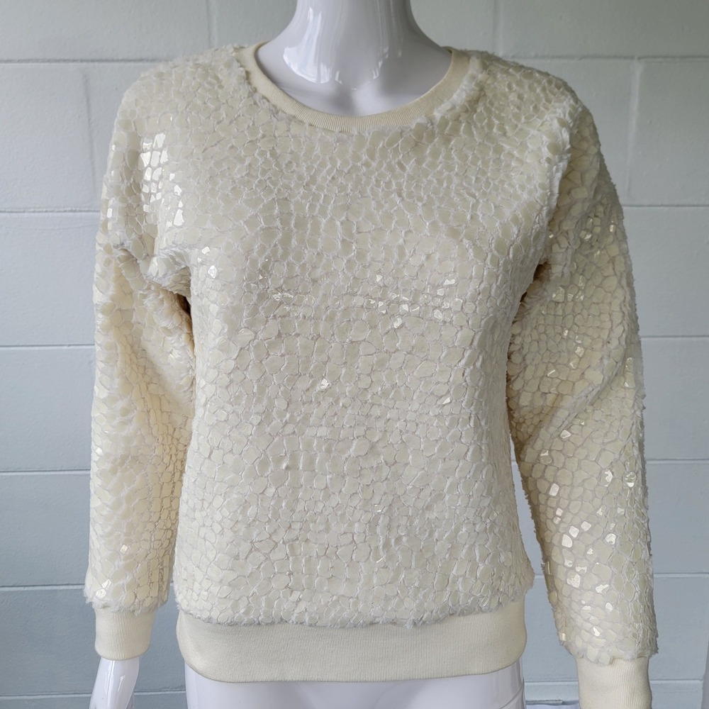 Ann Taylor Cracked Ice Faux Fur Sweatshirt Ivory Womens Small Petite Winter Glam